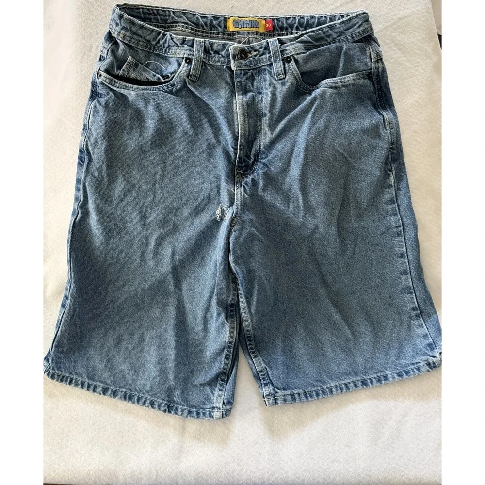 Vintage 90's Empyre Men's Blue Denim Patch Jorts Baggy Skater Grunge Size 30